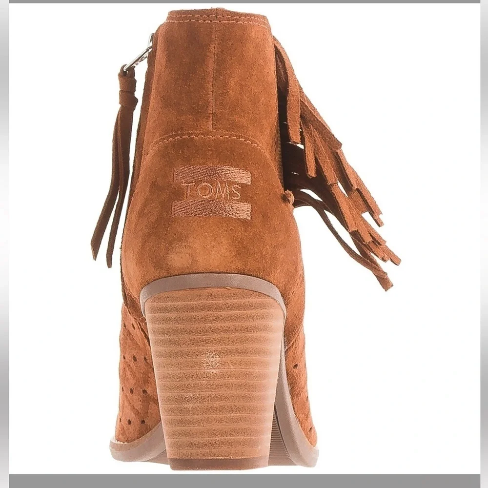 TOMS Rust Tassel Fringe Suede Leather Peep Toe Booties Size 6.5
